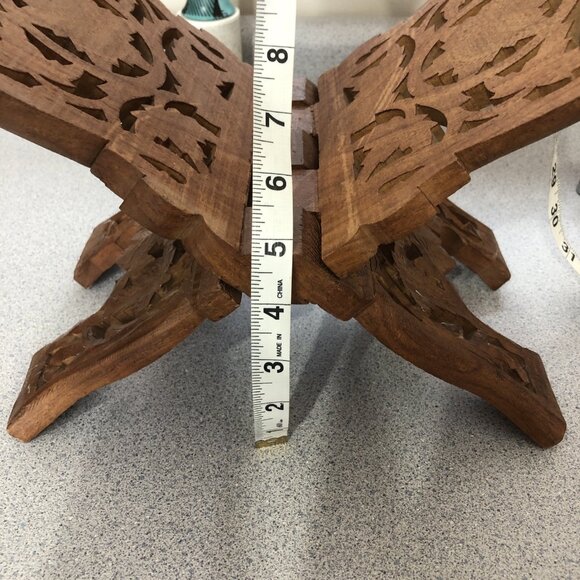 Vintage Teak Wood Book Holder Kitchen Stand Hand Carved Floral Leaf Design Foldi - Picture 9 of 9
